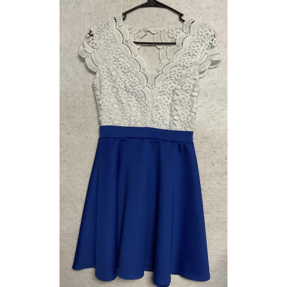 Vintage B. Darlin Dress Juniors 5/6 Blue White Lace Fit Flare Short Skater Party